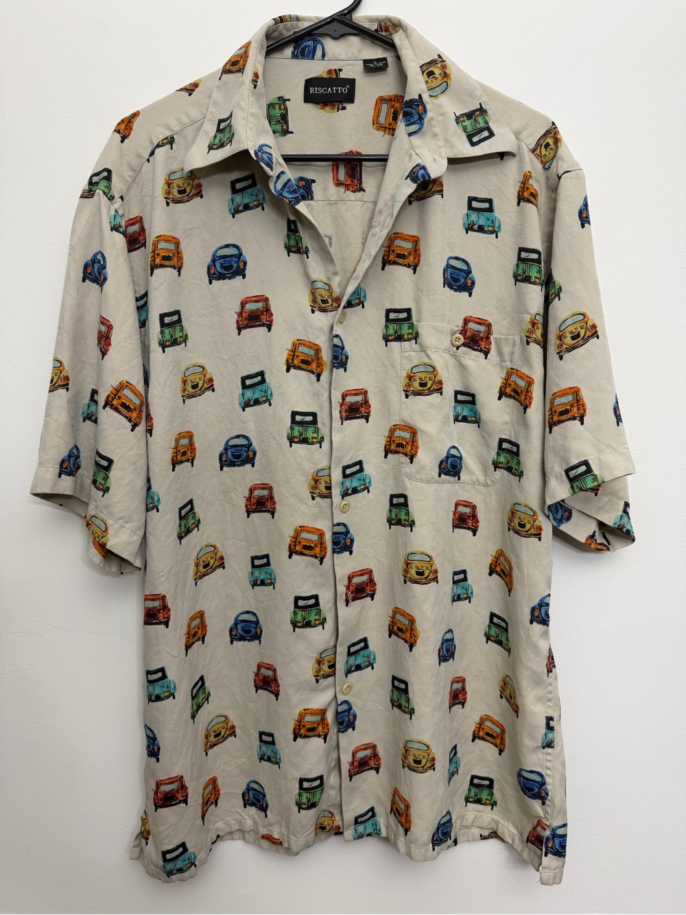 Rare Vintage Riscatto Car Print Button Up Silk Shirt Men’s Size L